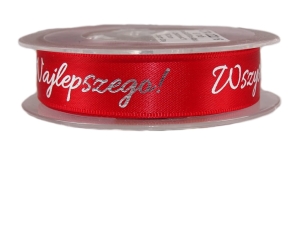 Tasiemka satynowa "Wszystkiego Najlepszego" CZERWONA 10 mm - 9,10mb 
