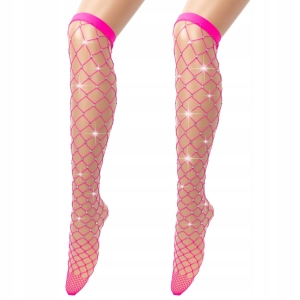 Damskie SEKSOWNE POŃCZOCHY SAMONOŚCNE kabaretki Różowe z dżetami