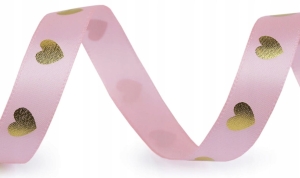 Wstążka satynowa z metalicznym nadrukiem serce szerokość 16 mm (90mb)