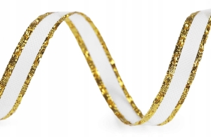 Wstążka dekoracyjna 11 mm, siateczka błyszcząca, biała ze złotem (45mb)