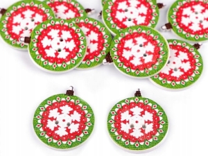 Guzik drewniany dekoracyjny motyw świąteczny 5 czerwony bombka 10 szt.  120512